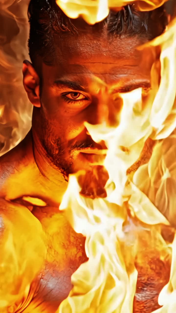 A man with a muscular body is standing in front of a fire. The fire is orange and yellow, and it is surrounded by smoke. The man's face is serious and focused, as if he is in the middle of a battle