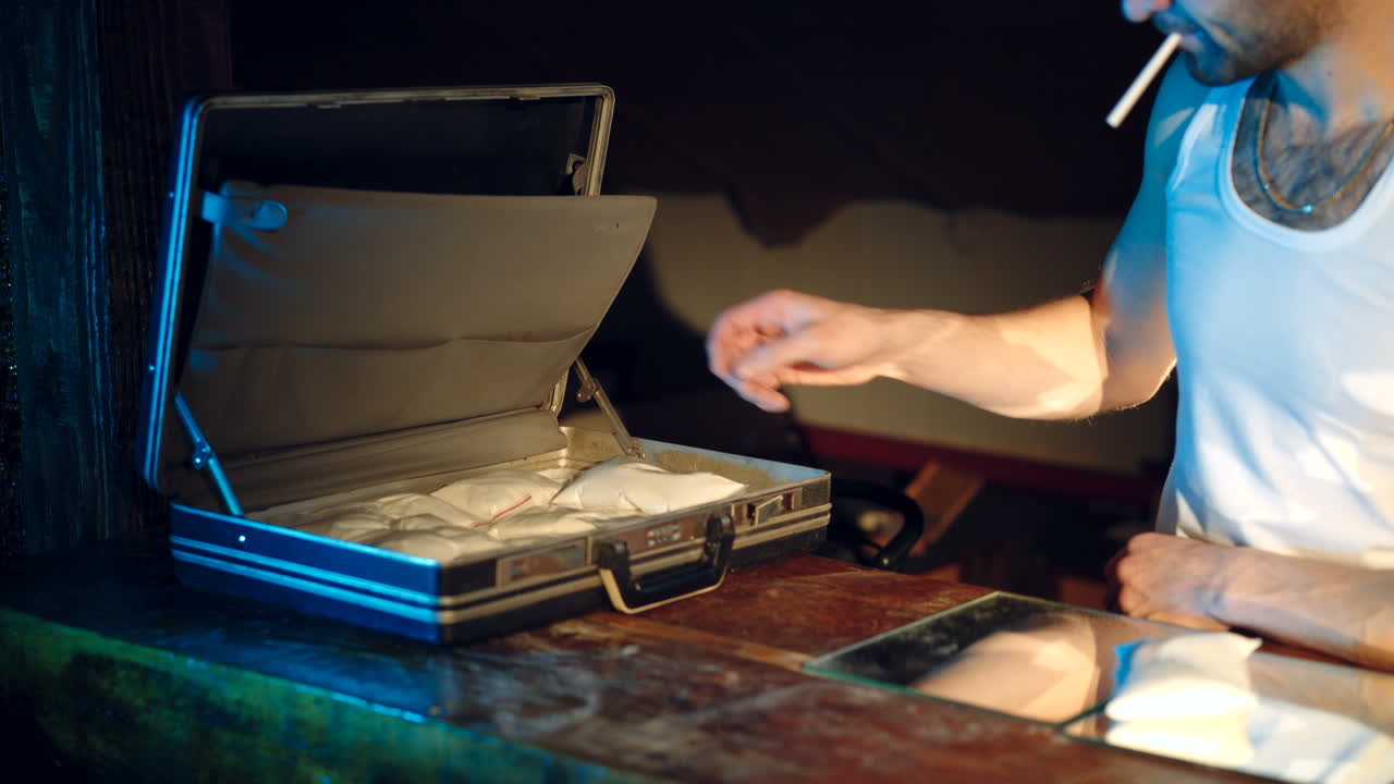 Drug dealer places packets with psychotropic drugs. Many types of drugs lay on the table in front of him. Drugs and the concept of crime.