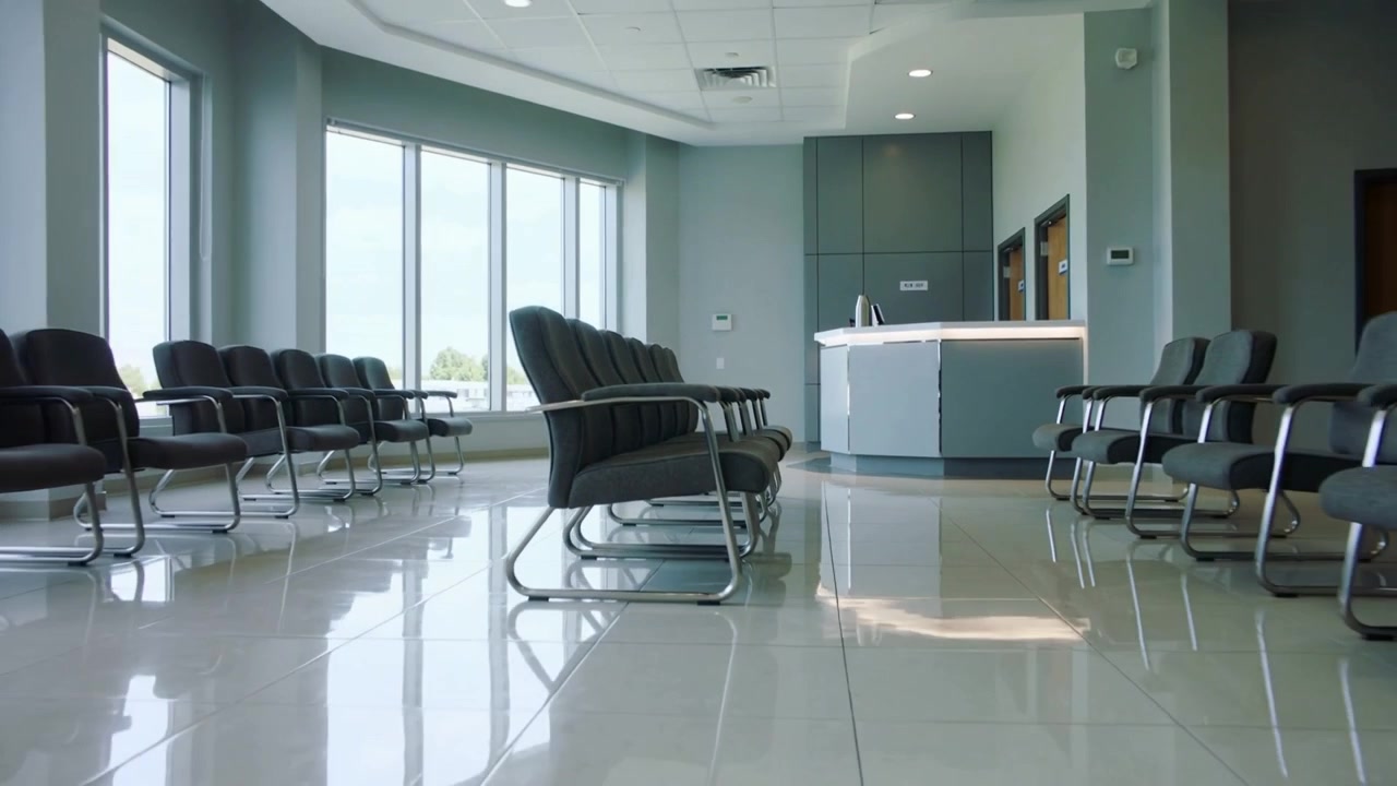 La telecamera si allontana, rivelando una fila di sedie imbottite per l'attesa nella reception di una clinica per mostrare l'intera area.