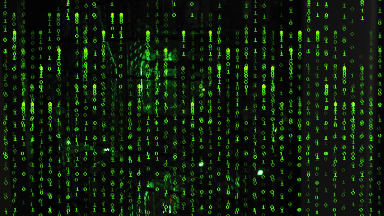 블랙 백그라운드에서 이진 코딩과 데이터 처리의 애니메이션