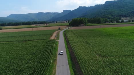 White-Classic-BMW-Car-Travelling-Close-To-Hostalets-de-Bas-In-Olot-Catalonia,-Spain-Passing-By-Wide-Green-Fields-Background-With-Foggy-Mountains-Under-The-Cloudy-Sky---Aerial-Shot