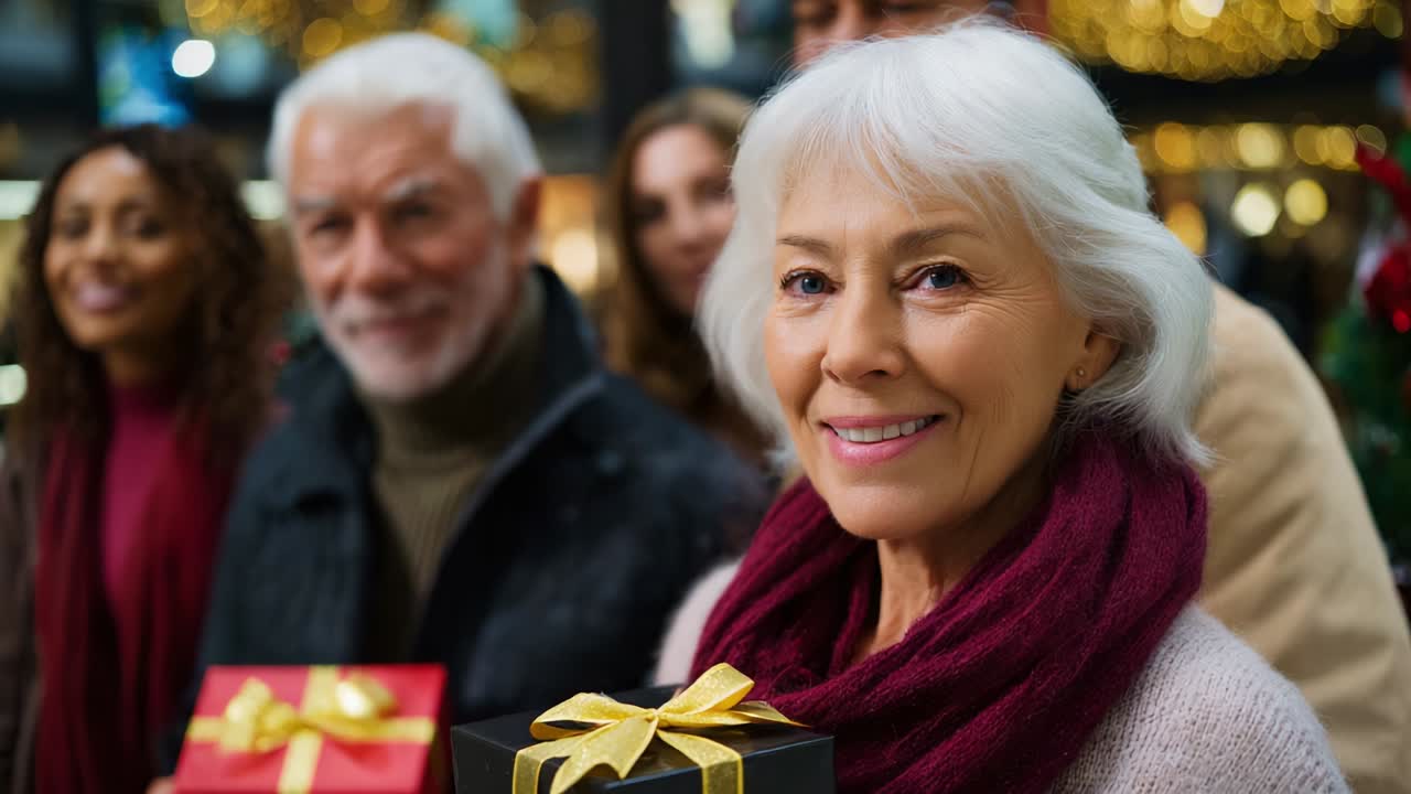 Joyful Gathering of Friends and Family Celebrating a Festive Occasion, Showcasing Smiling Faces with Colorful Gift Boxes Amidst a Cheerful Atmosphere Filled with Holiday Lights and Decorations