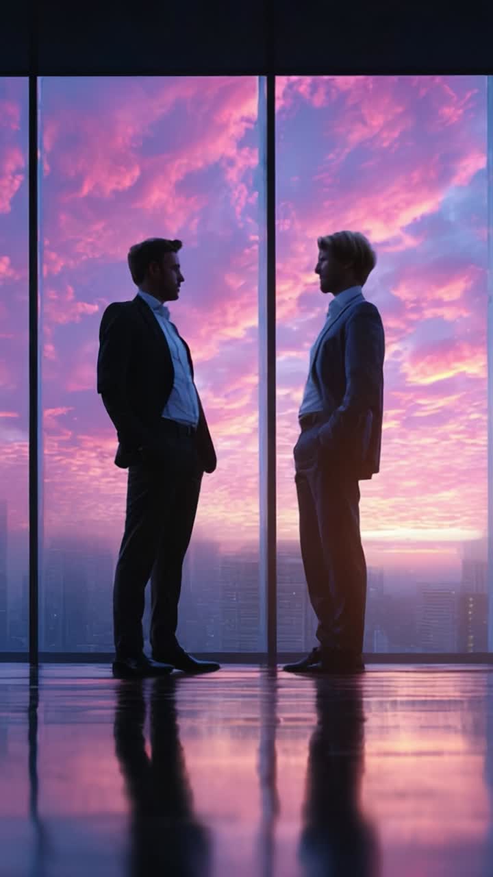 Due uomini d'affari impegnati in un attento scambio di opinioni sullo sfondo di un tramonto mozzafiato, che cattura un momento di interazione professionale e connessione