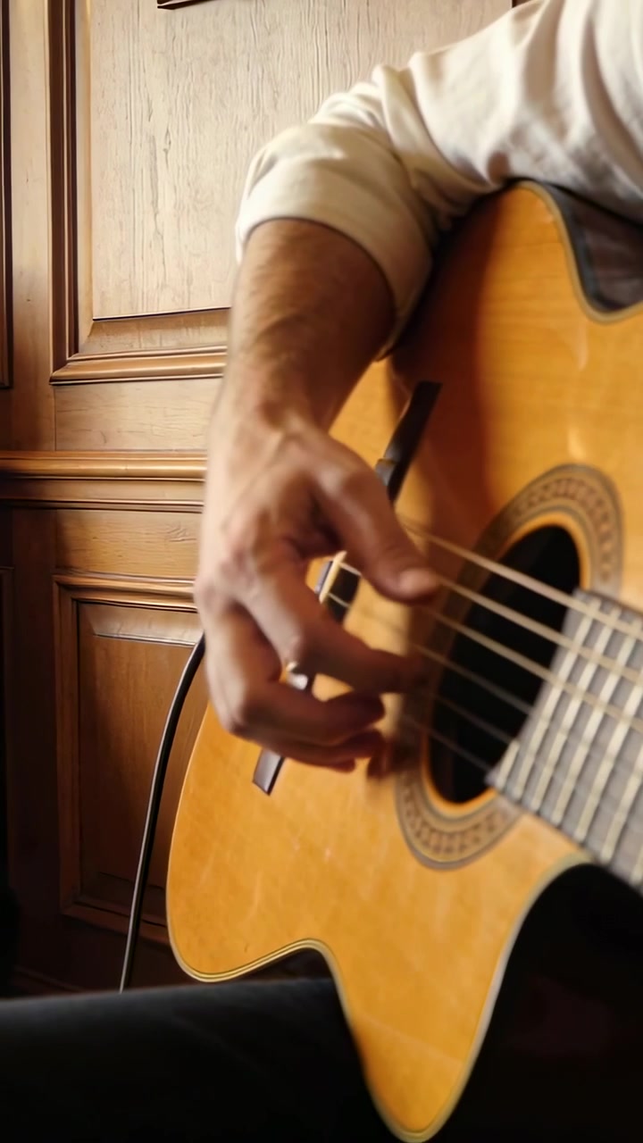 Video vertical: Mano rasgueando, comenzando con los dedos cerca de las cuerdas, en una habitación de madera, con mangas remangadas y un cable.