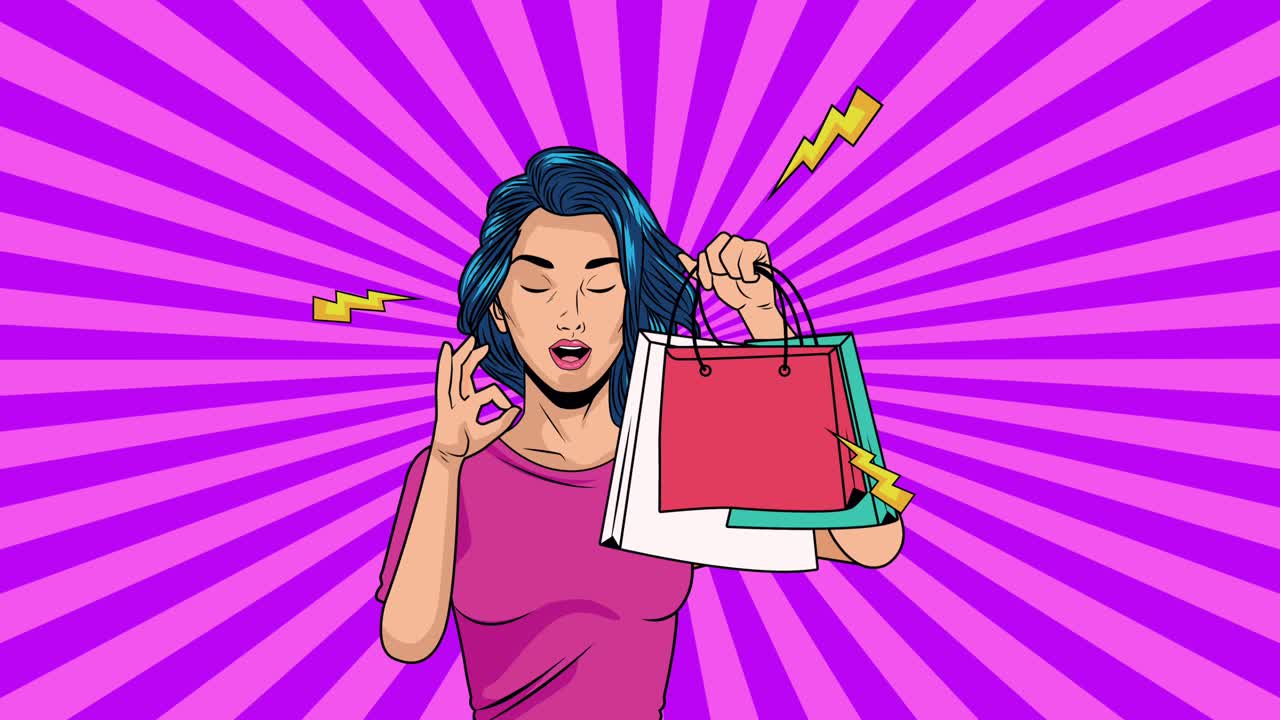 mujer hermosa con bolsas de compras estilo pop art