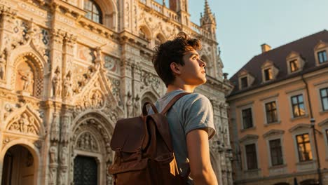 a young traveler exploring architectural beauty: capturing the essence of adventure against a stunning backdrop with a stylish backpack in a golden hour glow