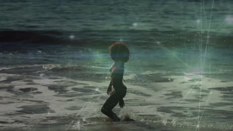 animation of light spots over african american woman at beach