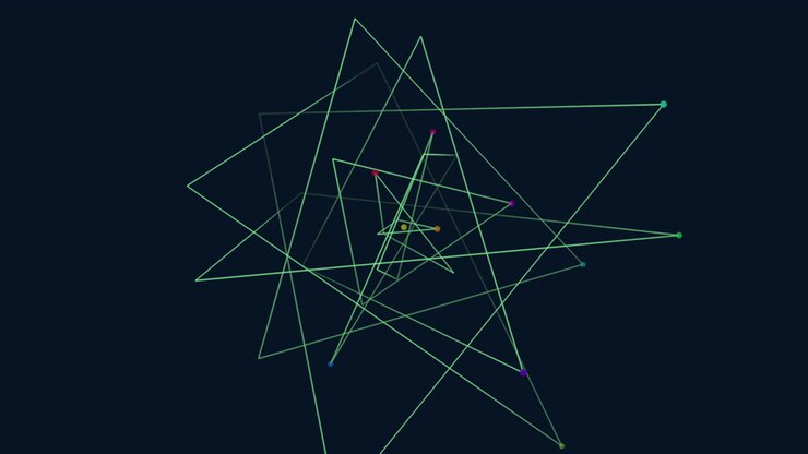 Intricate geometric design of overlapping triangles and rectangles in various colors