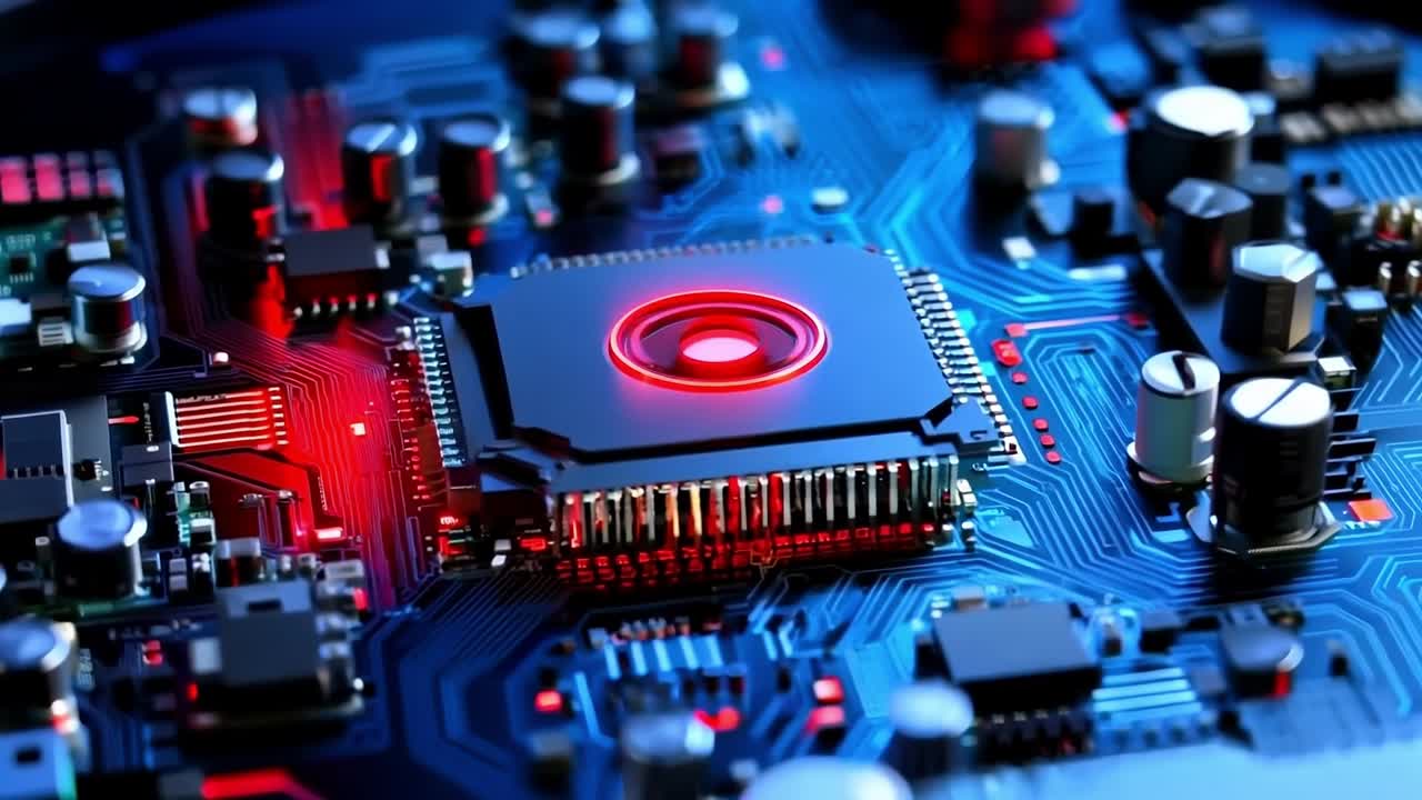 Üzerinde kırmızı ışık yanan bir bilgisayar anakartının yakın çekimi