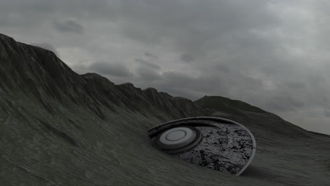 crashed spaceship on a desolate alien planet