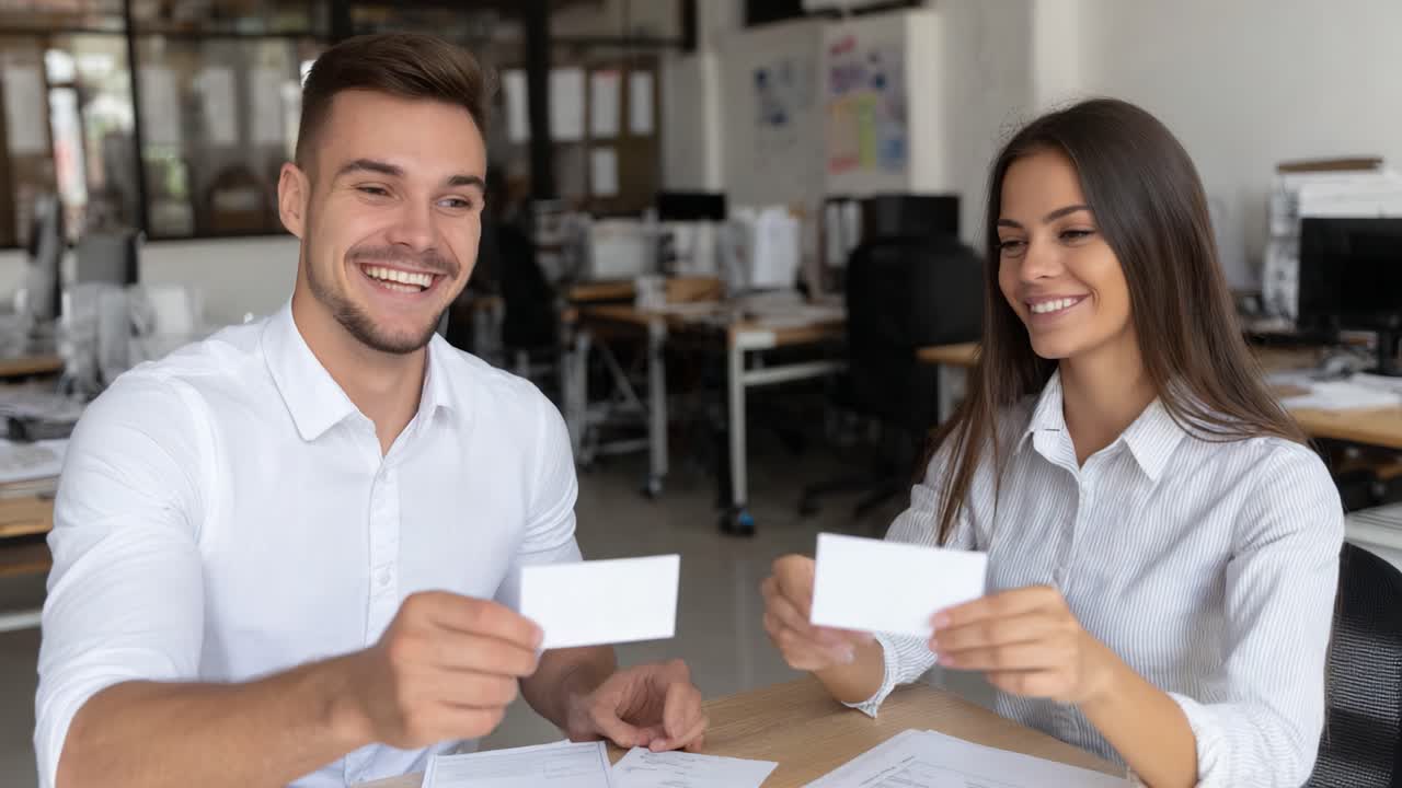 Engaging Teamwork in a Modern Office Setting: Two Colleagues Collaborate with Enthusiasm while Reviewing Documents on Their Desks