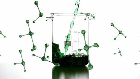 animation of molecules and beaker with green beaker over white background