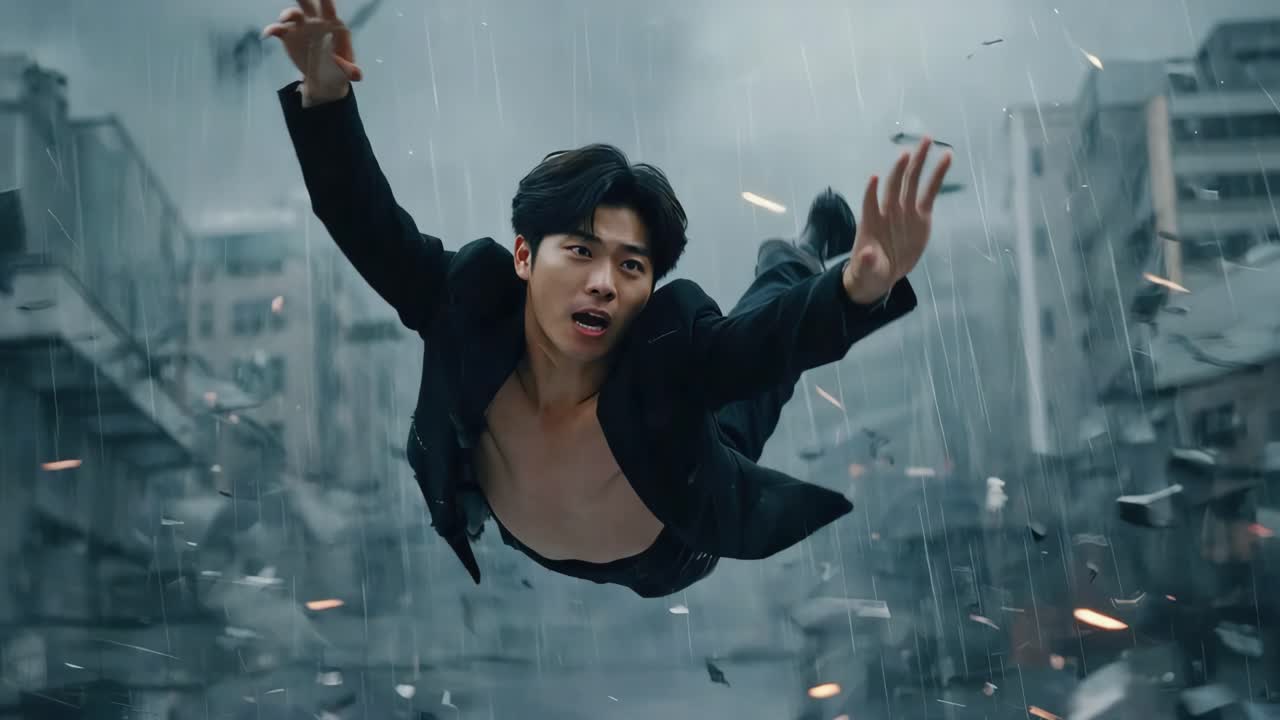 Man flying in a suit through a destroyed city