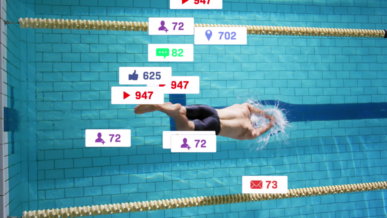 수영장에서 연습하는 백인 수영 선수의 높은 각도 뷰에 대한 알림 바의 애니메이션