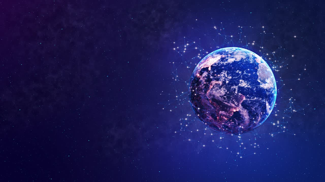 Abstrakti pallomuoto, ympyrät ja hiukkaset, globaalin verkkoyhteyden visualisointi, futuristinen Maa.