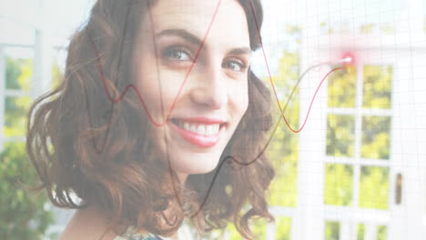 woman analyzing technology data through grid, interacting with red black line graphs overlay