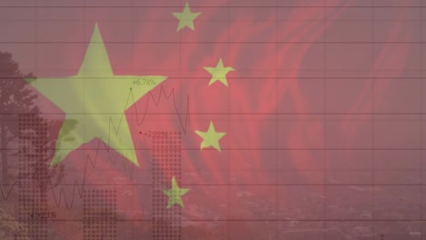 animation of flag of china and financial data processing over cityscape