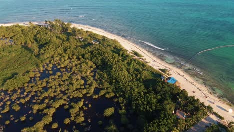 Forest-trees-lining-the-coast-of-Playa-Punta-Esmeralda-beach-and-gentle-waves-crashing-at-shore