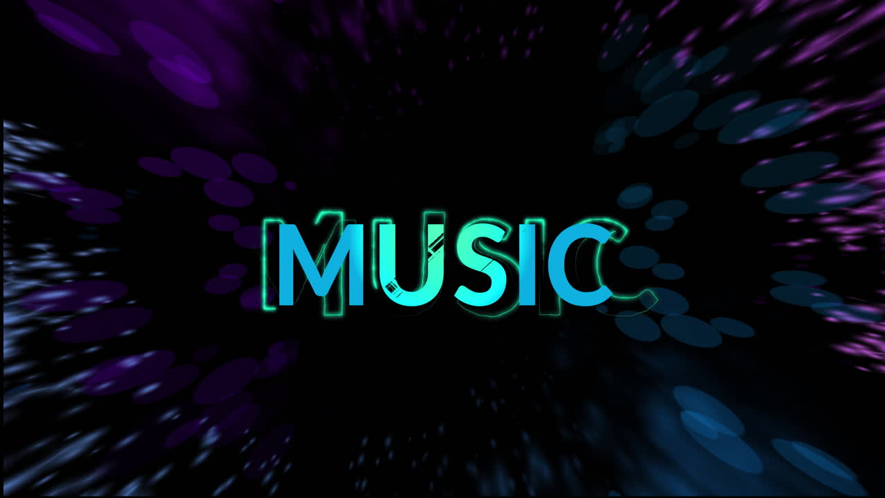 Animation of blue music text and light trails on black background