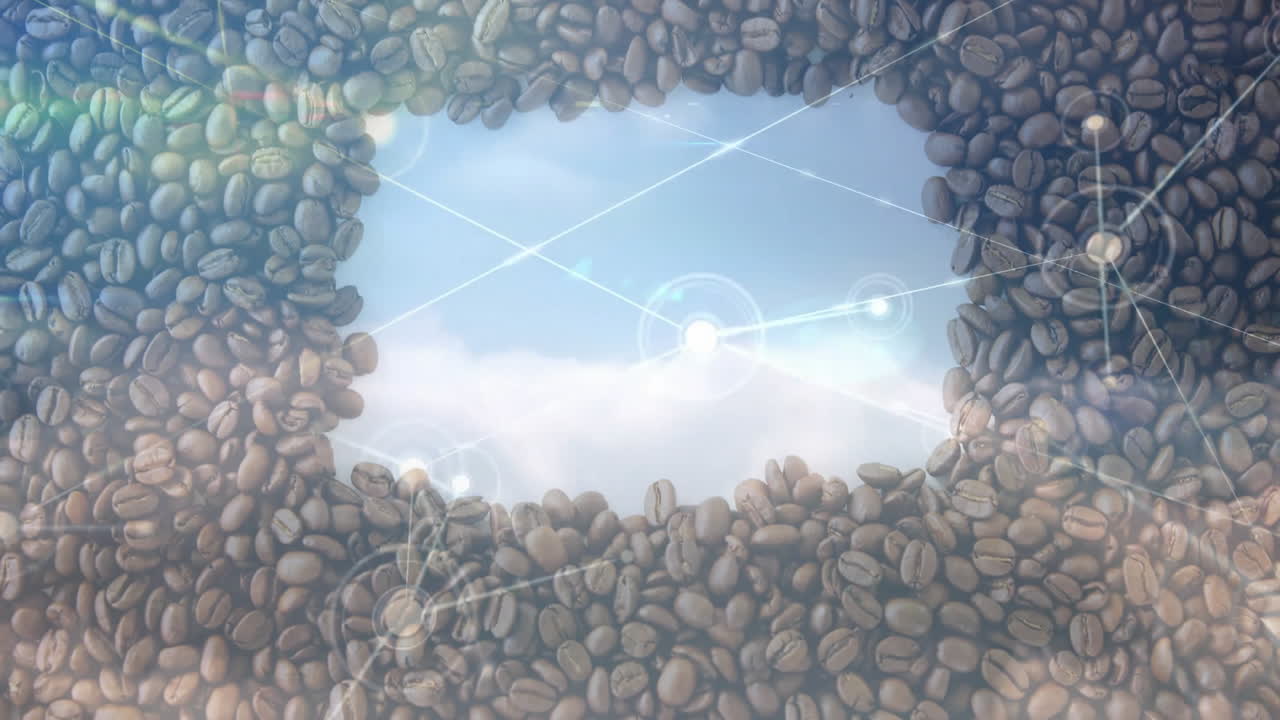 Roasted coffee beans framing blue sky with clouds and network nodes connecting points in 3D render