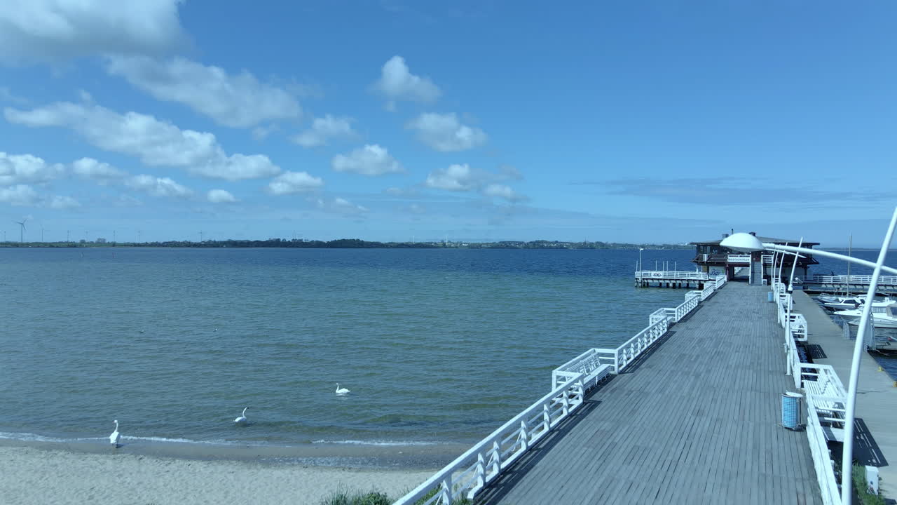 Aerial back view over wooden pier, no people on bridge and Swans swim near shore on low waves
