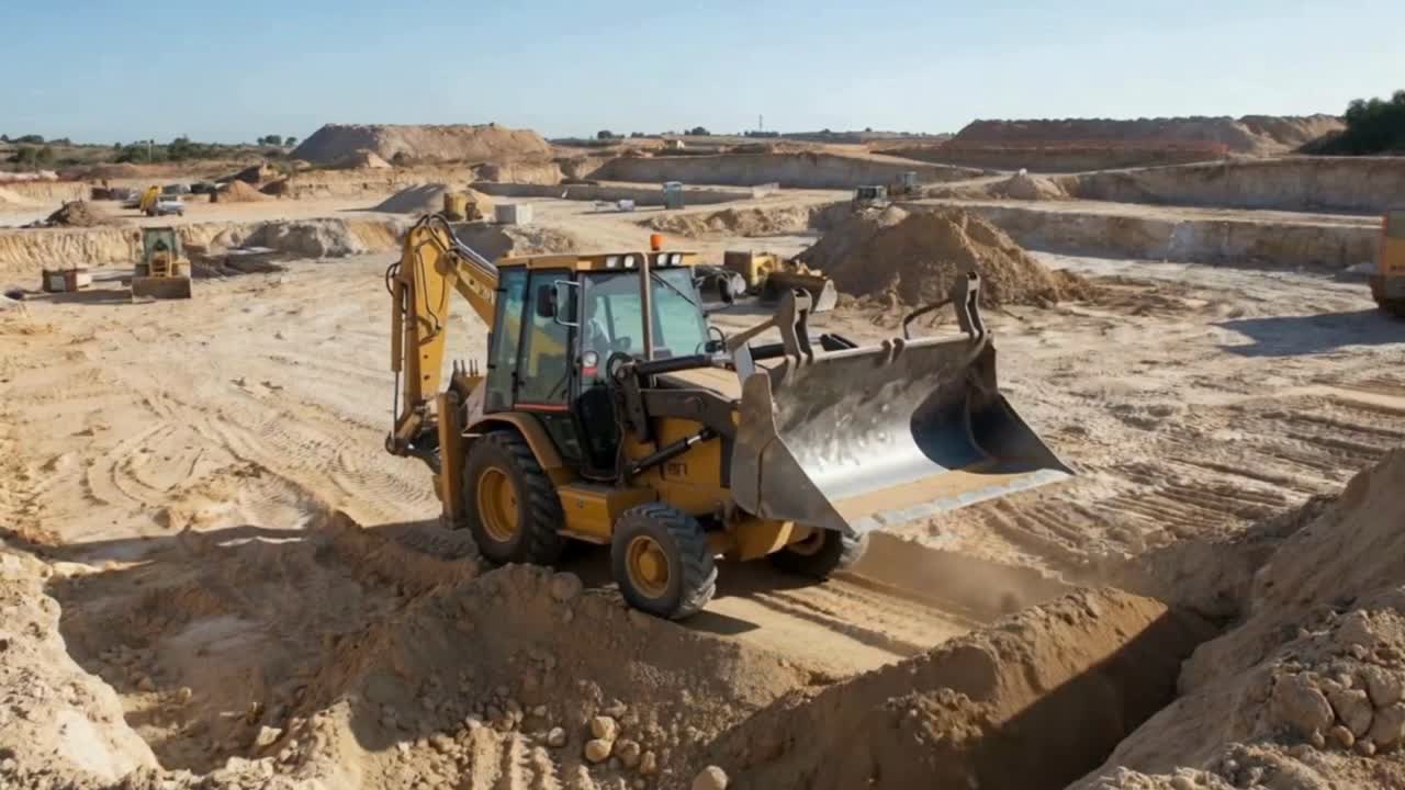 Yellow Backhoe Loader Digging and Moving Dirt on a Construction Site
