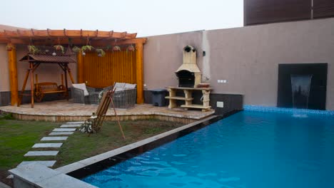 gorgeous wooden home with big windows and backyard with swimming pool. gimbal panorama