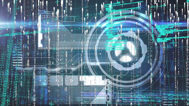 Animation of interface with data processing and light trails falling against blue background