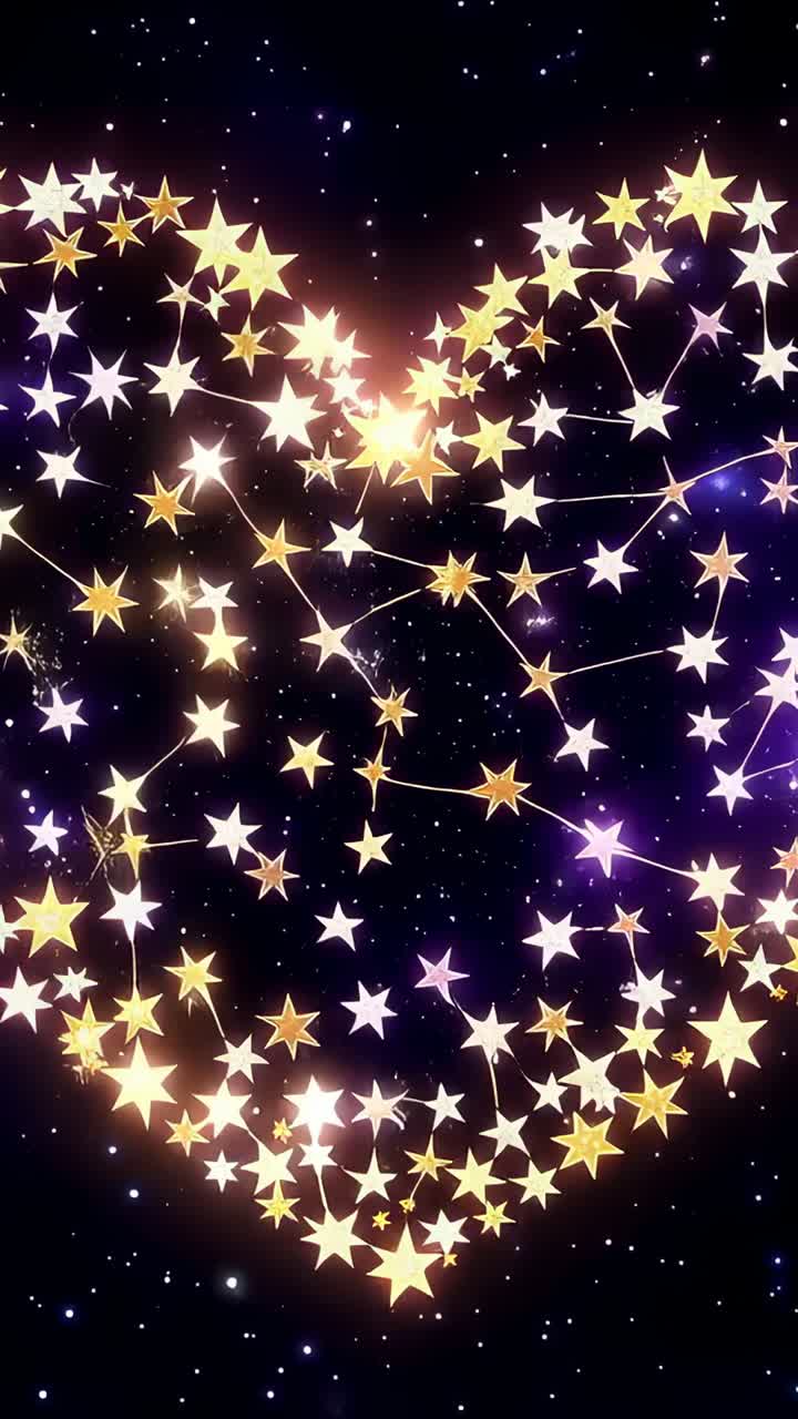 Video verticale: stelle dorate e bianche che brillano formando un cuore luminoso nel cielo notturno con linee collegate