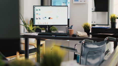 company workspace with nobody in and marketing pie charts on computer monitors