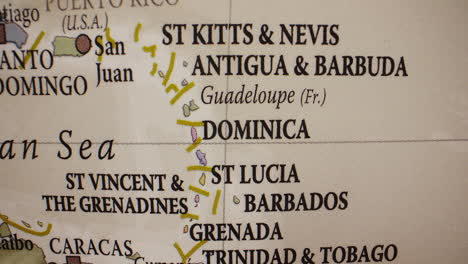close-up of a map detailing caribbean countries and islands