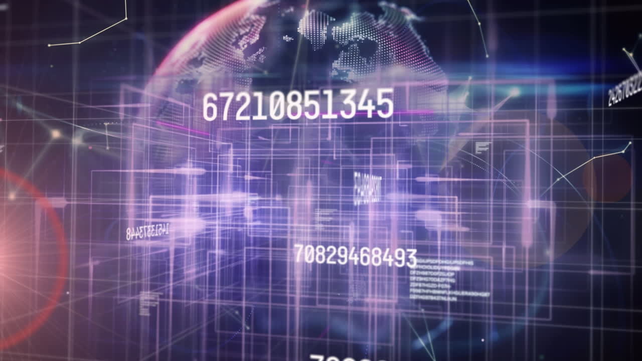 animación de puntos conectados que forman un globo y criptografía con líneas móviles iluminadas