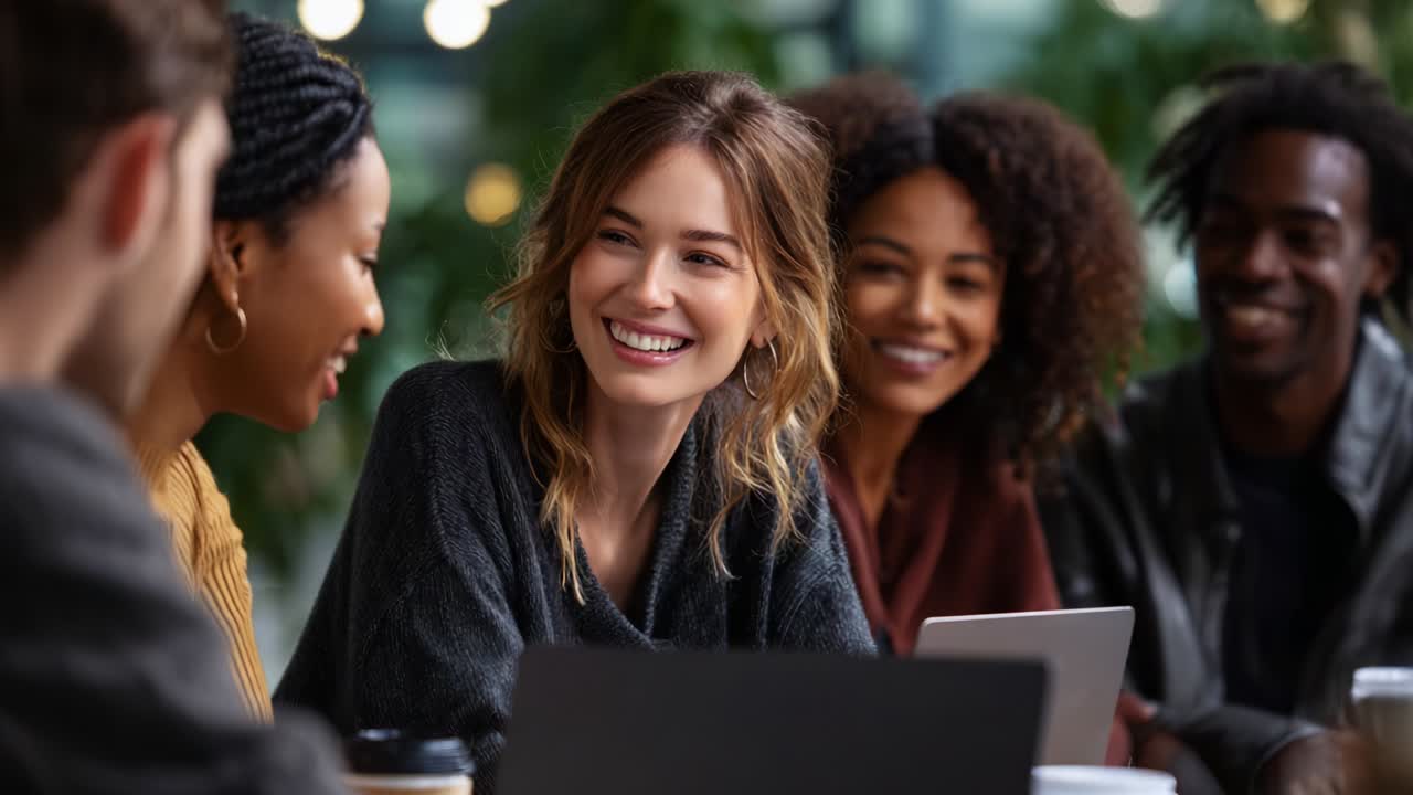 A group of diverse friends laughing and enjoying each other's company in a casual setting, showcasing camaraderie and warmth as they share ideas over laptops and coffee at a creative workspace