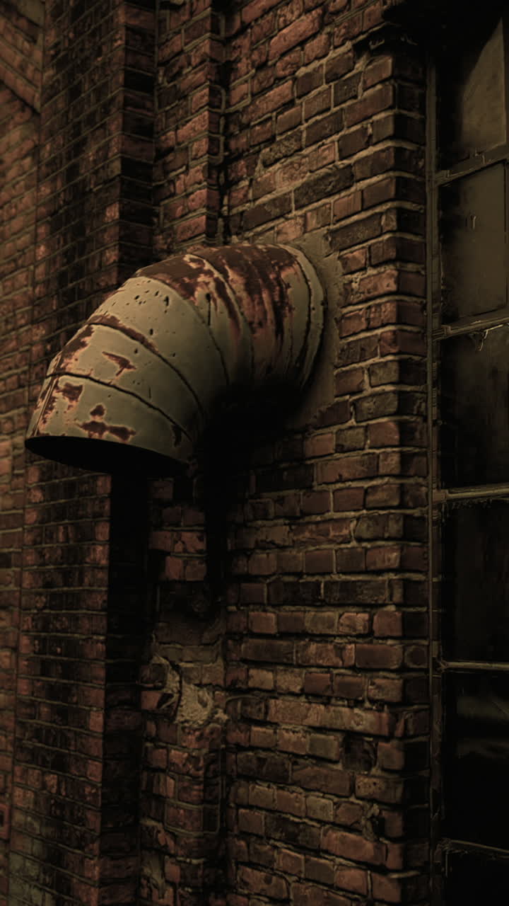 Explore abandoned warehouse with brick walls and rusty vent during dusk