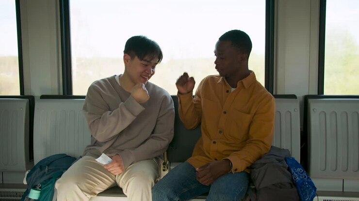 Friends having fun in the train