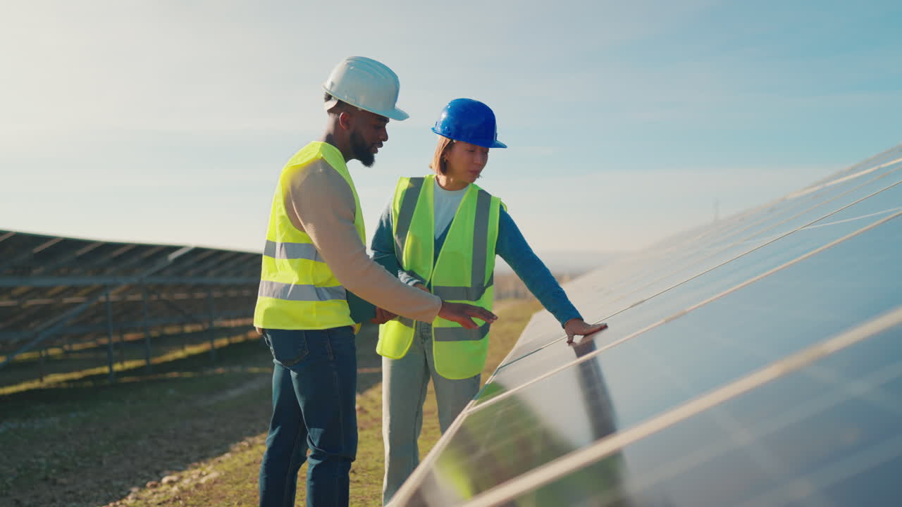 Workers inspecting solar panels