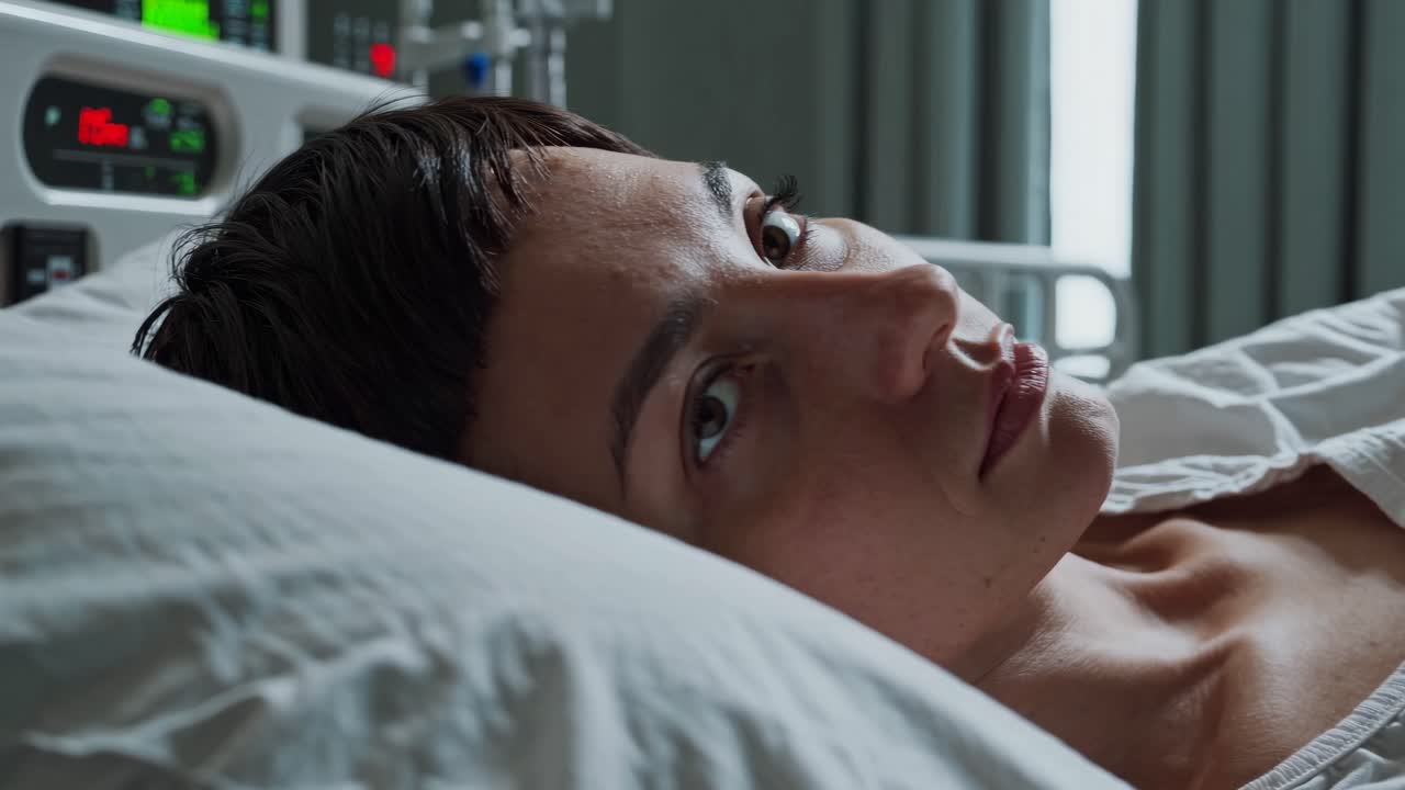 Close-up video frame of a person lying in a hospital bed, shot from a low angle