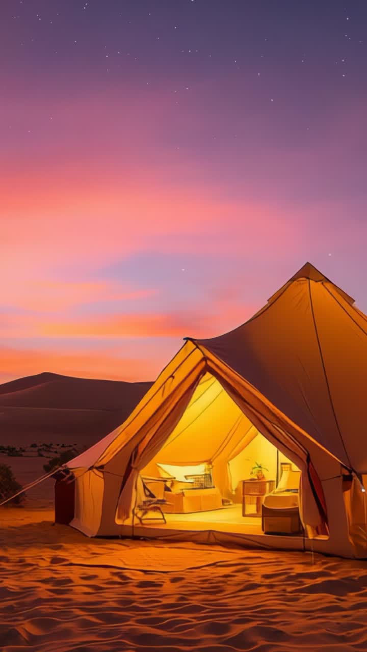 Vertical video: Sky shifting to indigo causing tent glowing on dunes, stars emerging, copy space
