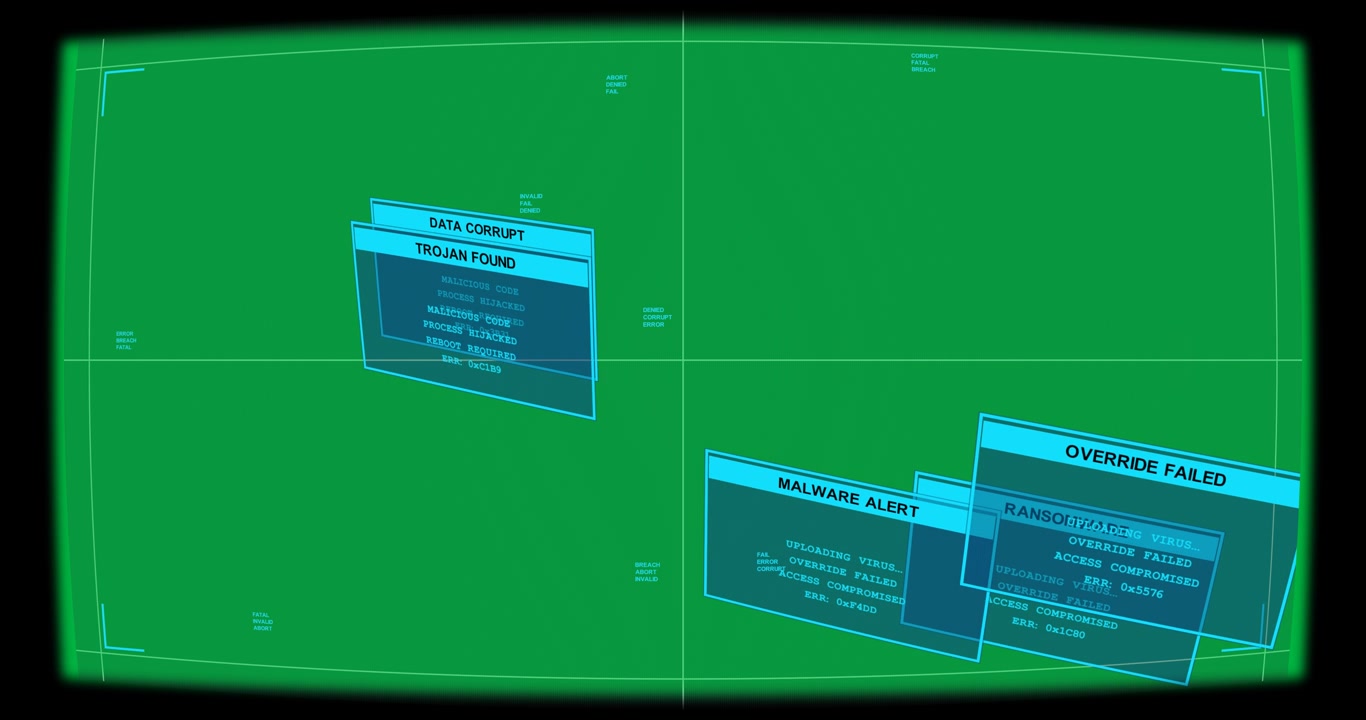 On detection cyan alert panels sliding, stacking, rotating, showing breach on transparent canvas