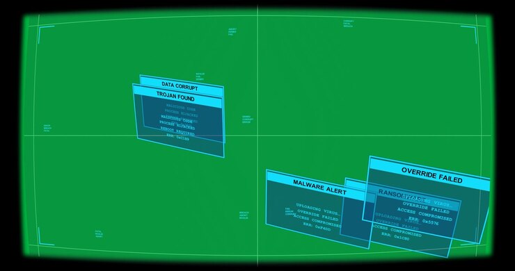 On detection cyan alert panels sliding, stacking, rotating, showing breach on transparent canvas