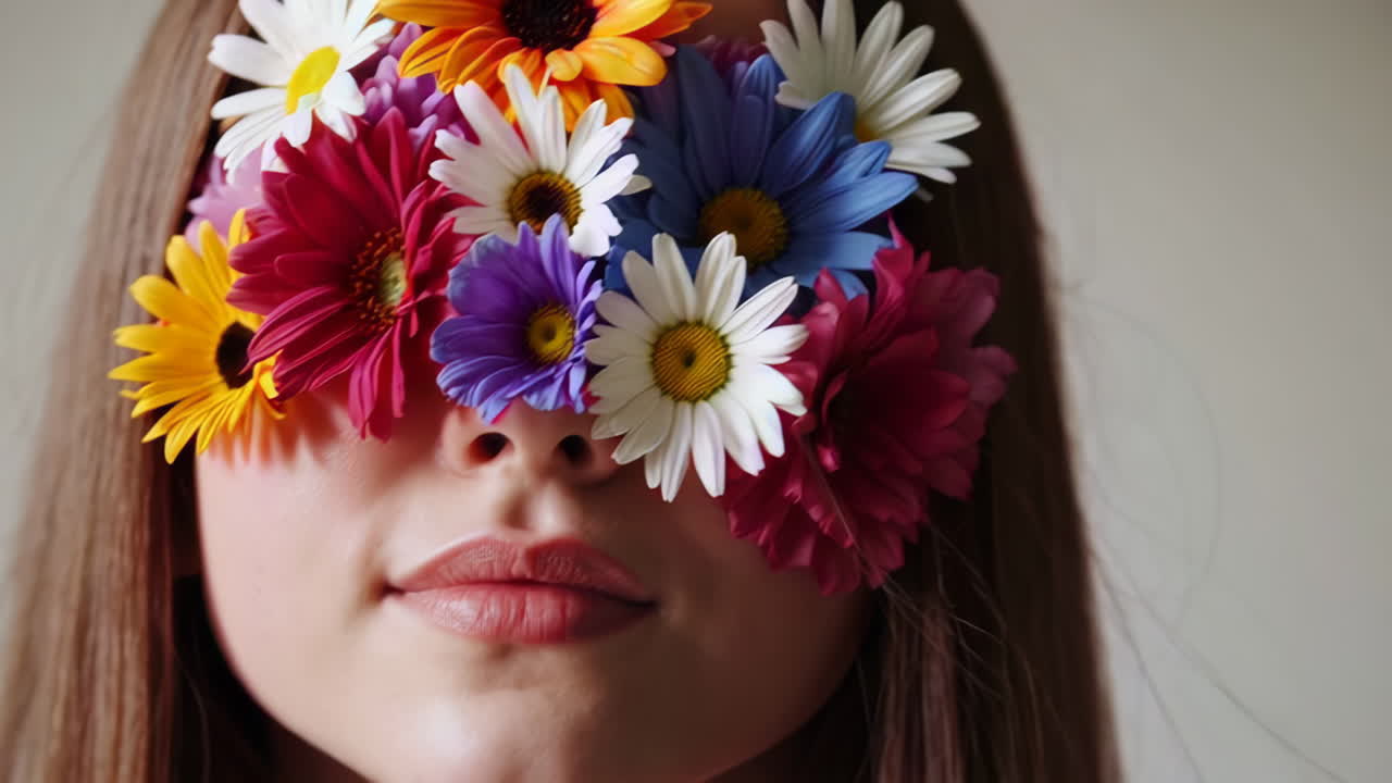 Woman with eyes covered by a vibrant bouquet of artificial flowers
