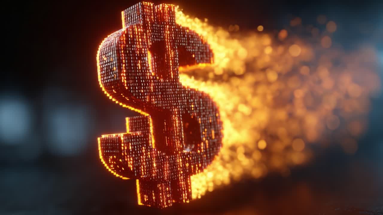 Dynamic Representation of Currency Symbol: A Stunning Visual Capture of a Luminous Dollar Sign Illuminating the Scene with Sparkling Particles and Energy