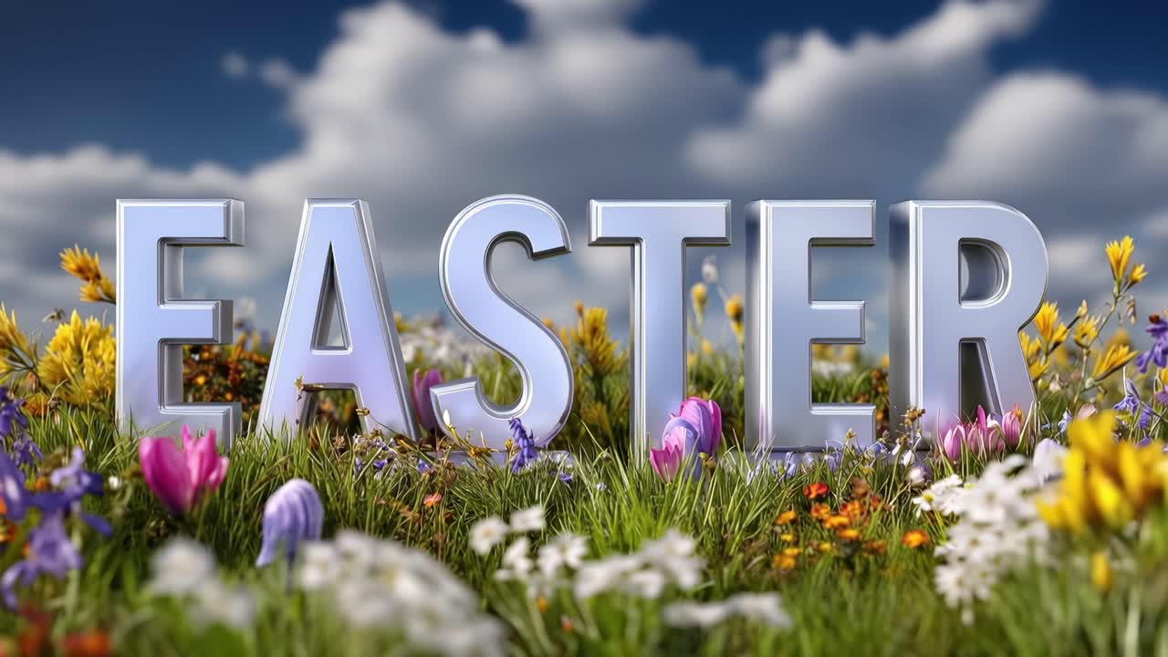 Le lettere di Pasqua brillano in un prato vibrante. Nuvole soffici fluttuano sopra fiori selvatici in fiore. Tulipani e margherite dai colori vivaci circondano la parola. Erba verde fresca ondeggia dolcemente sotto il sole.