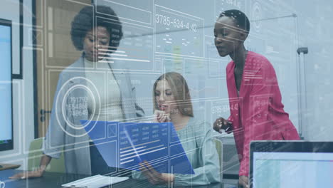 animation of data processing over diverse female colleagues discussing work in office