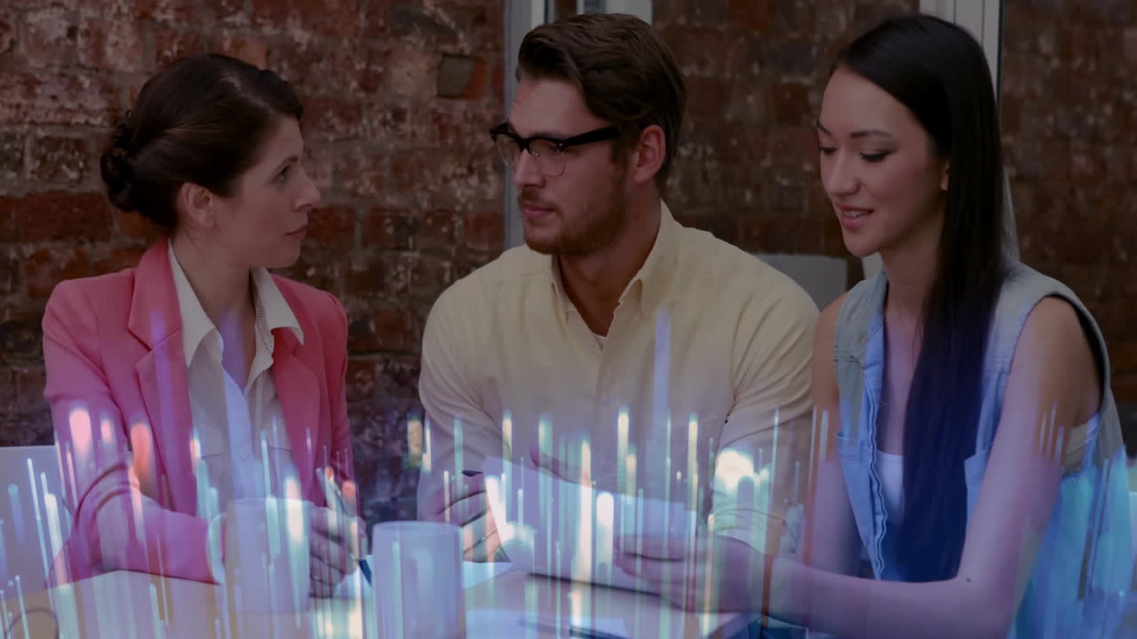 Business team collaborating around conference table, reviewing documents with floating data bars