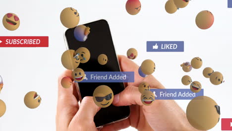 animación de iconos de redes sociales y emojis que caen sobre una persona que usa un teléfono inteligente