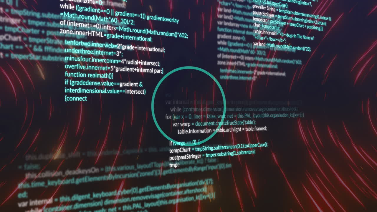 Animation of looping circles over computer language against wave pattern on black background