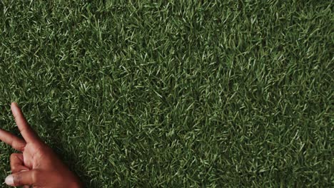 close up of hand of biracial man showing peace sign with copy space on grass background