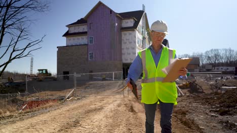 Wide-angle-closeup-shot-from-ground-of-woman-engineer-on-large-building-construction-site-walking-toward-the-camera-backlit