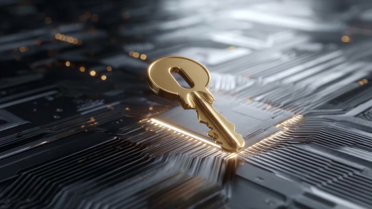 Golden Key on Circuit Board Background Symbolizing Security, Access Control, and Digital Technology Concepts in Modern Data Protection and Encryption Solutions